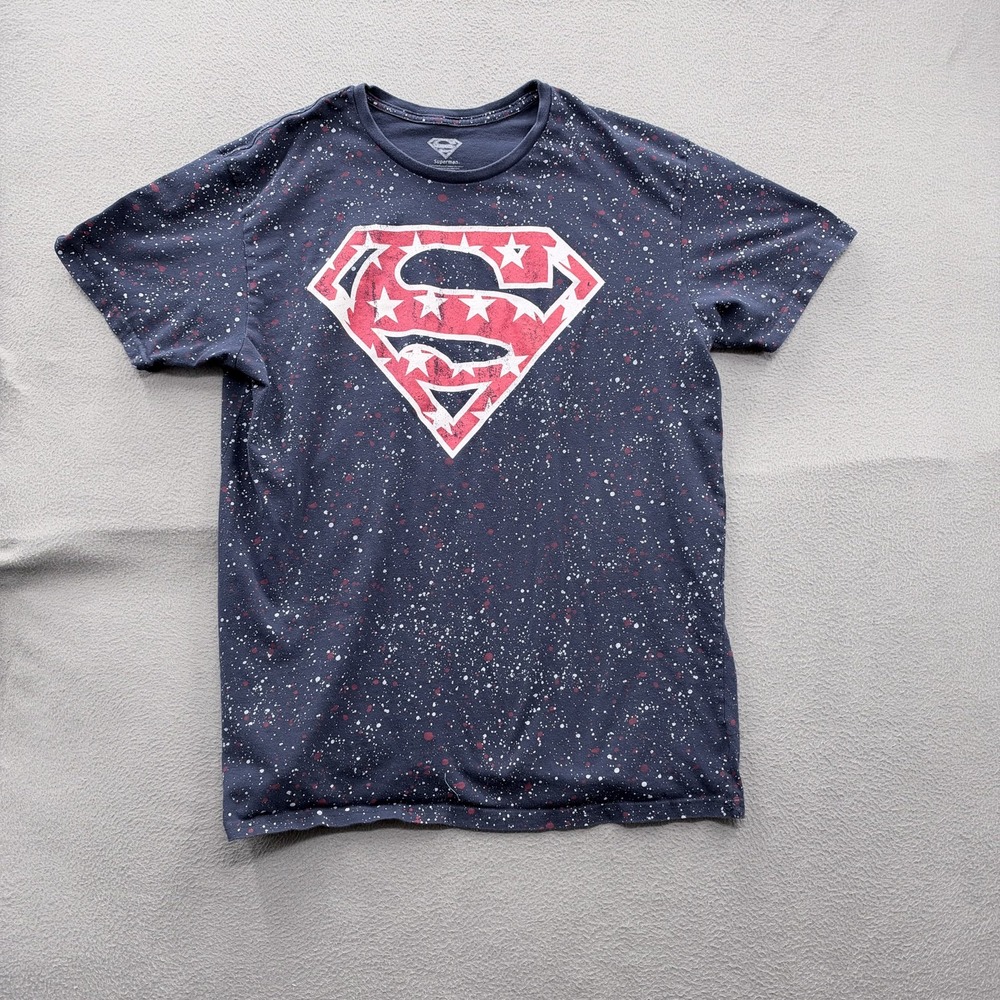 Superman Shirt Mens 2XL Blue Splatter Stars Logo Graphic Tee Patriotic Tagless